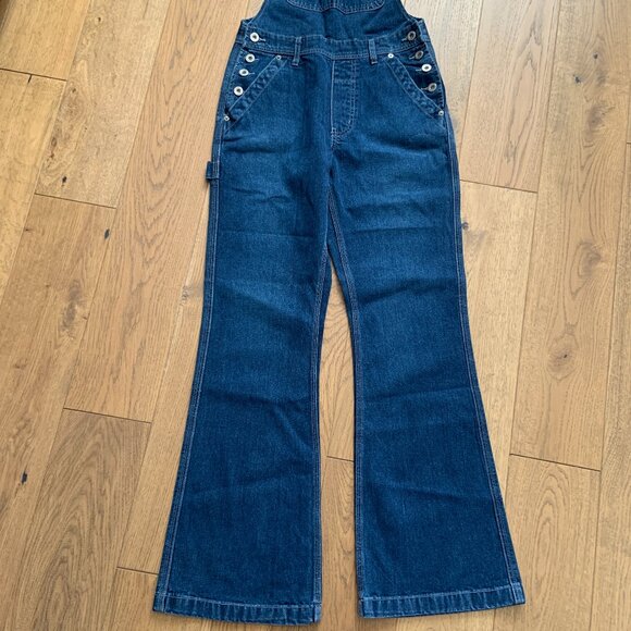 Vintage 90s Silver Jeans Flare Carpenter Denim Blue Overalls Size 5/31 - Picture 7 of 16